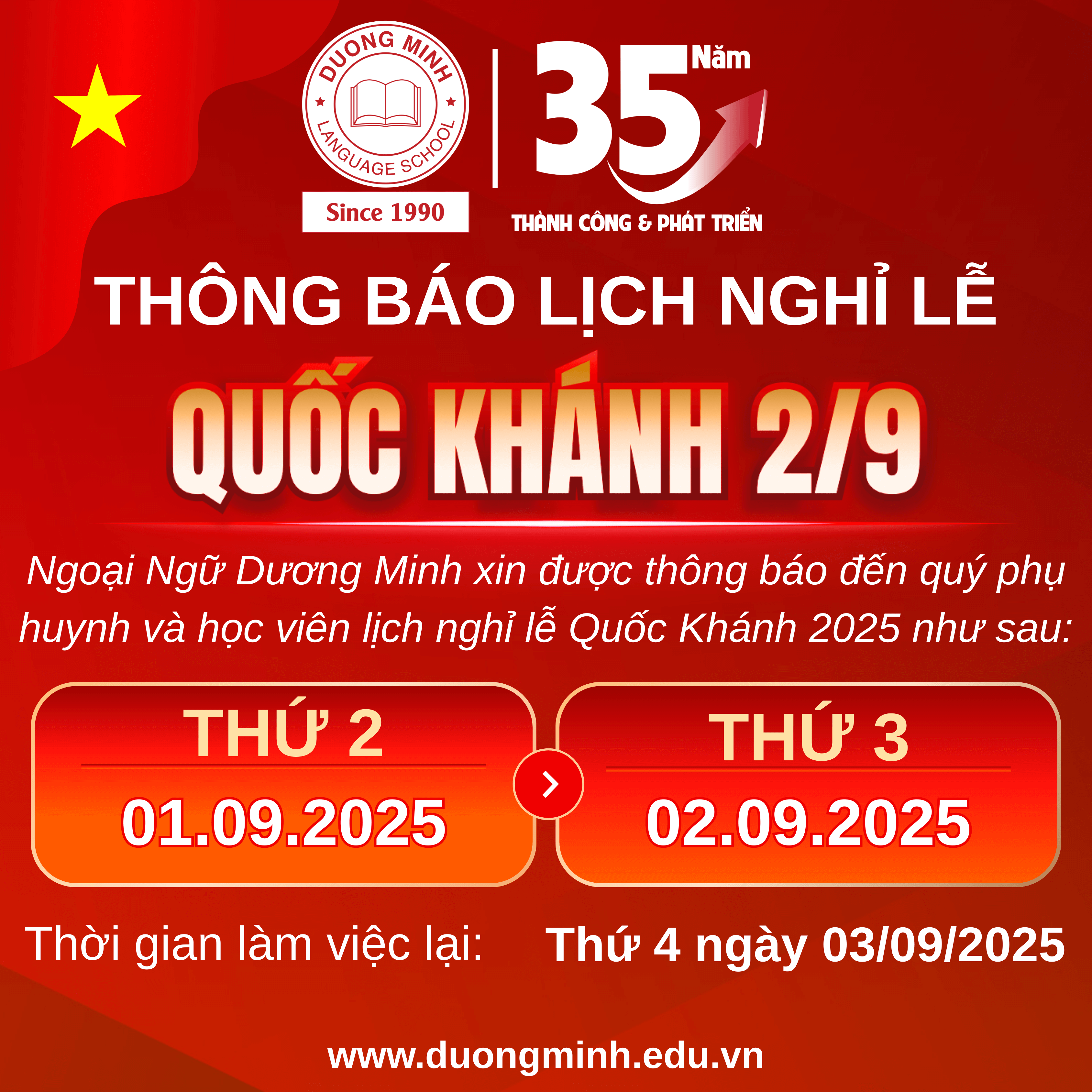 THÔNG BÁO NGHỈ LỄ QUỐC KHÁNH 2-9 